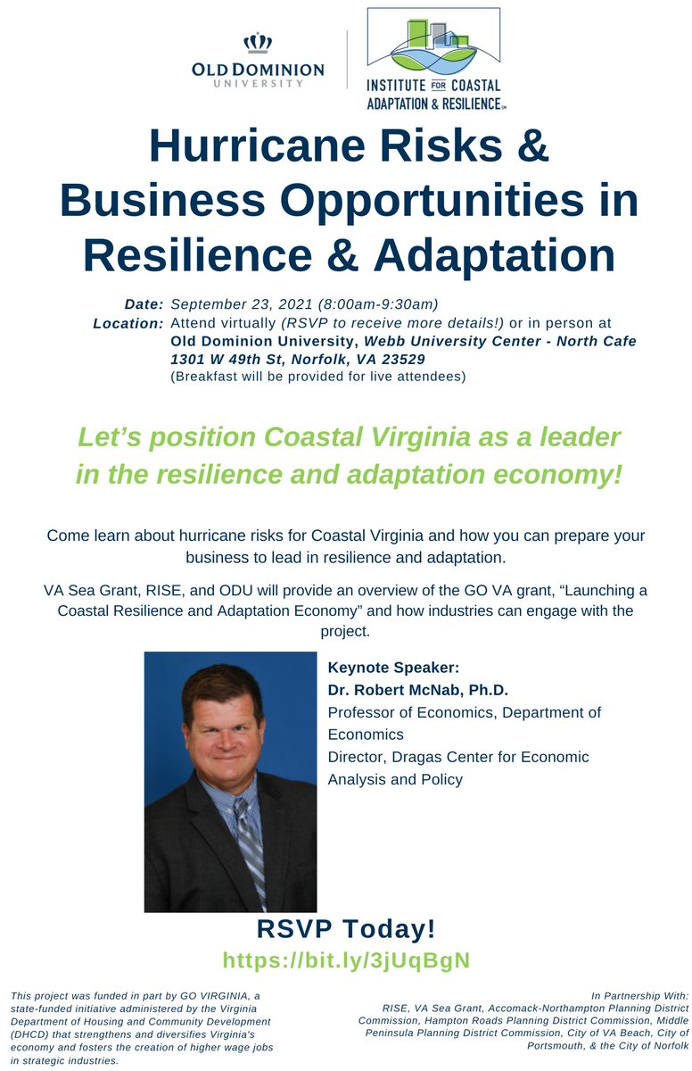 The Coastal Resilience and Adaptation Consortium kick-off breakfast is only a few weeks away! RSVP today (bit.ly/3jUqBgN) for this breakfast where you'll get to learn more about the Coastal Adaptation and Resilience Project that has been funded by GO VA.