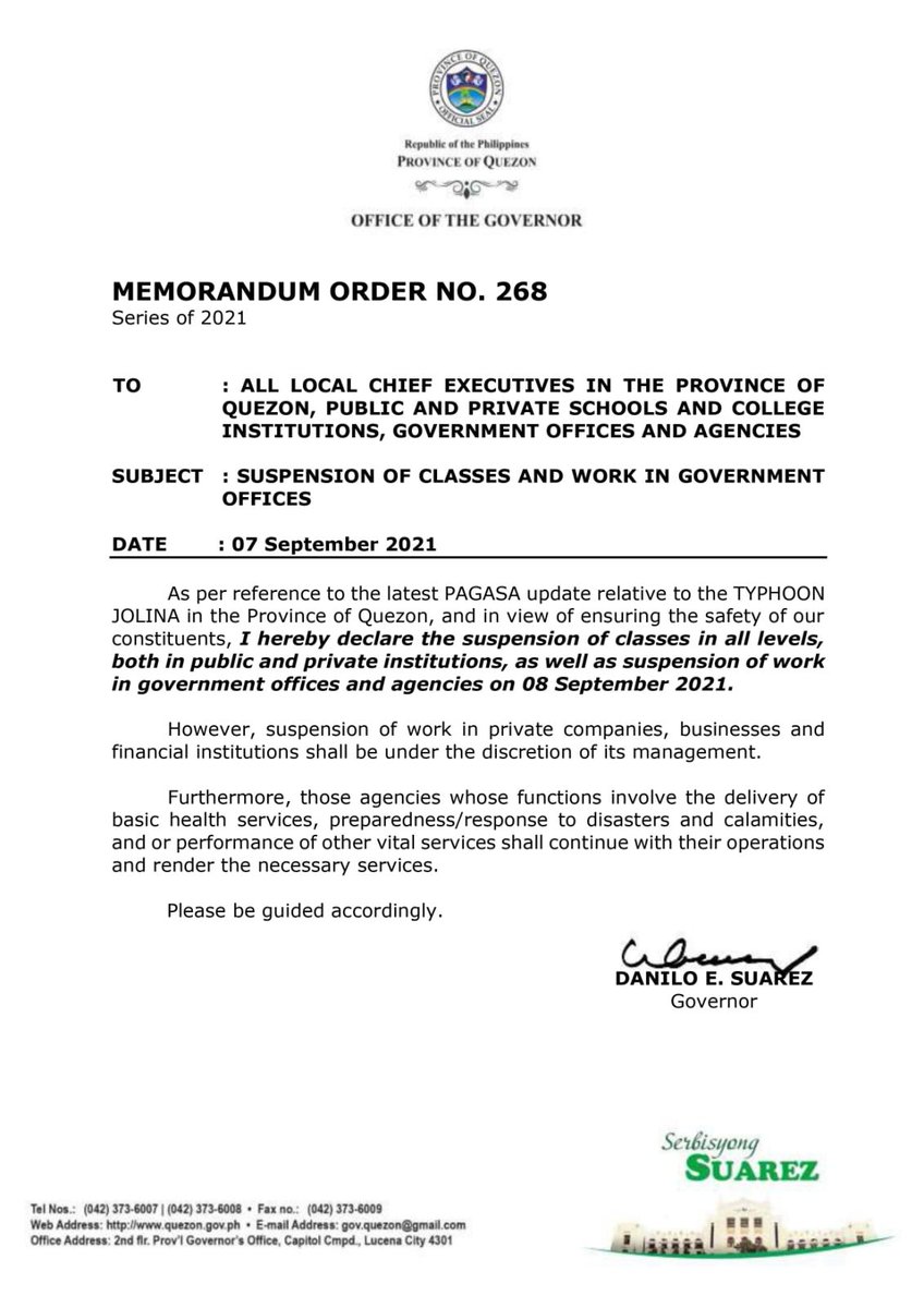 ocdCalabarzon's tweet photo. Ayon sa Province of Quezon Memorandum No. 268 -Suspendido ang trabaho sa pamahalaan at klase sa lahat ng antas sa pribado at pampublikong paaralan bukas, September 8, 2021 sa lalawigan ng Quezon. https://t.co/eVoG7p9yEN