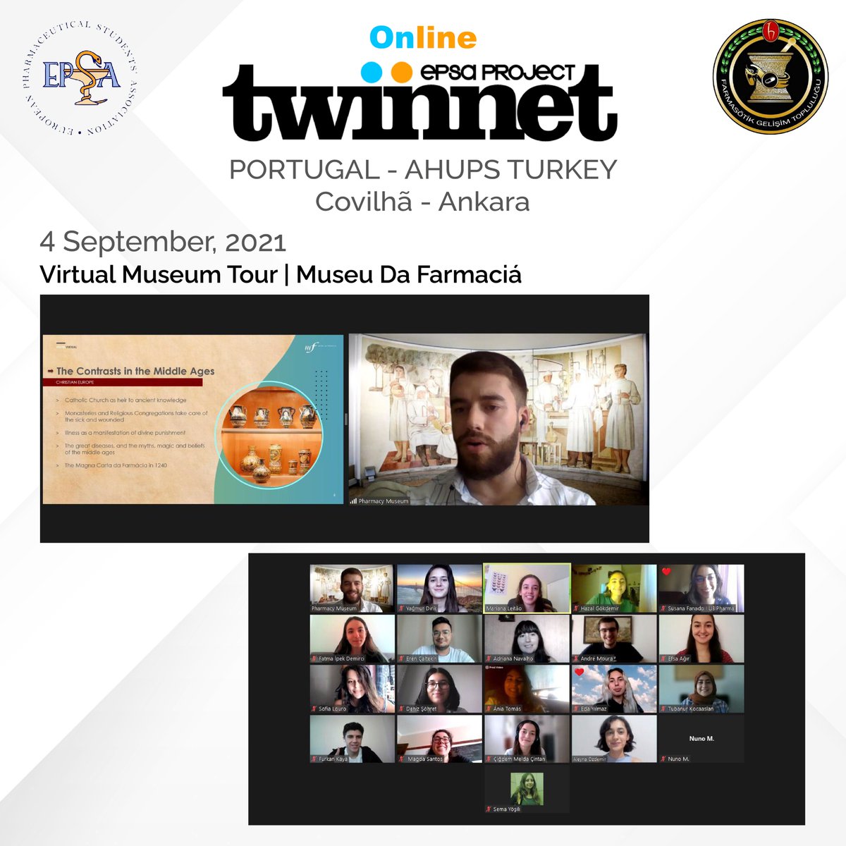 HU_FGT's tweet photo. FGT olarak gerçekleştirdiğimiz #Twinnet’in sonuna geldik!
Değerli katılımcılarımıza, Sayın Dr. Öğr. Üyesi M. Nazlı Şencan'a, Ana Ivanuša'ya, Museu da Farmaciá'ya ve Portekiz organizasyon ekibine teşekkürlerimizi sunuyoruz.
#hüfgt #hacettepe #hacettepeeczacılık #eczacılık https://t.co/MMqQa8WqgY