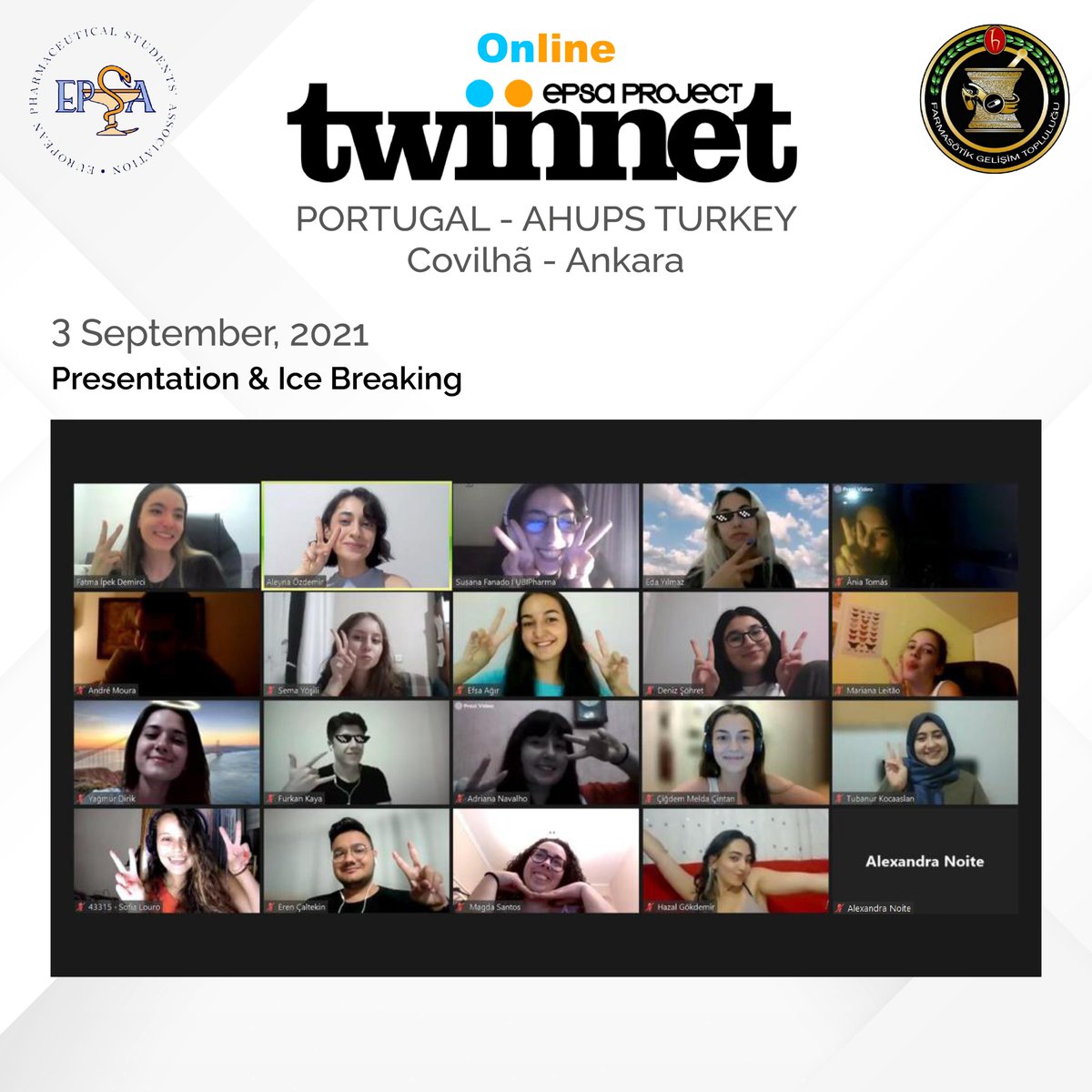 HU_FGT's tweet photo. FGT olarak gerçekleştirdiğimiz #Twinnet’in sonuna geldik!
Değerli katılımcılarımıza, Sayın Dr. Öğr. Üyesi M. Nazlı Şencan'a, Ana Ivanuša'ya, Museu da Farmaciá'ya ve Portekiz organizasyon ekibine teşekkürlerimizi sunuyoruz.
#hüfgt #hacettepe #hacettepeeczacılık #eczacılık https://t.co/MMqQa8WqgY