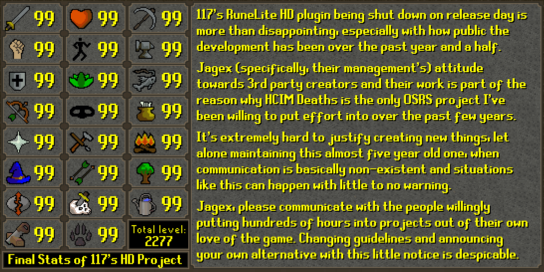 RuneLite HD has died!

Now that I've got your attention, some thoughts from a 3rd party developer who really wants things to change:
x.com/117scape/statu…