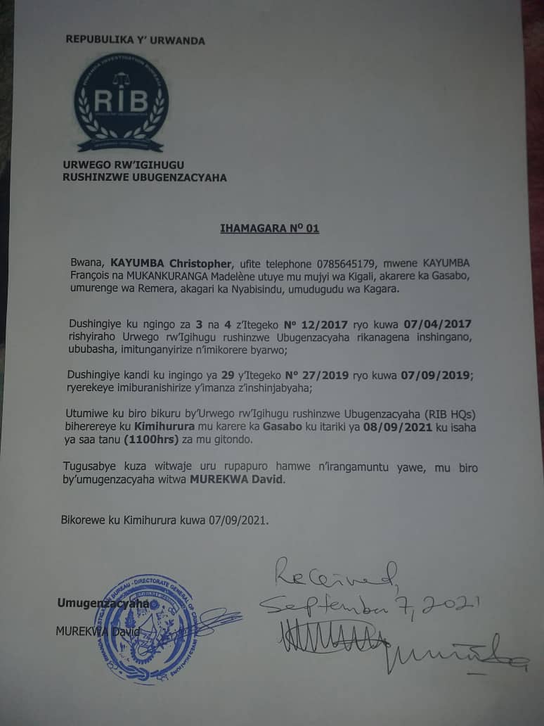 UPDATE: RIB has summoned Dr Christopher Kayumba of <a href="/RPDRwanda/">Rwandese Platform for Democracy (RPD)</a> to appear at its Kigali HQ tomorrow Wednesday at 11am. The letter delivered today afternoon doesn't indicate reason for the summon