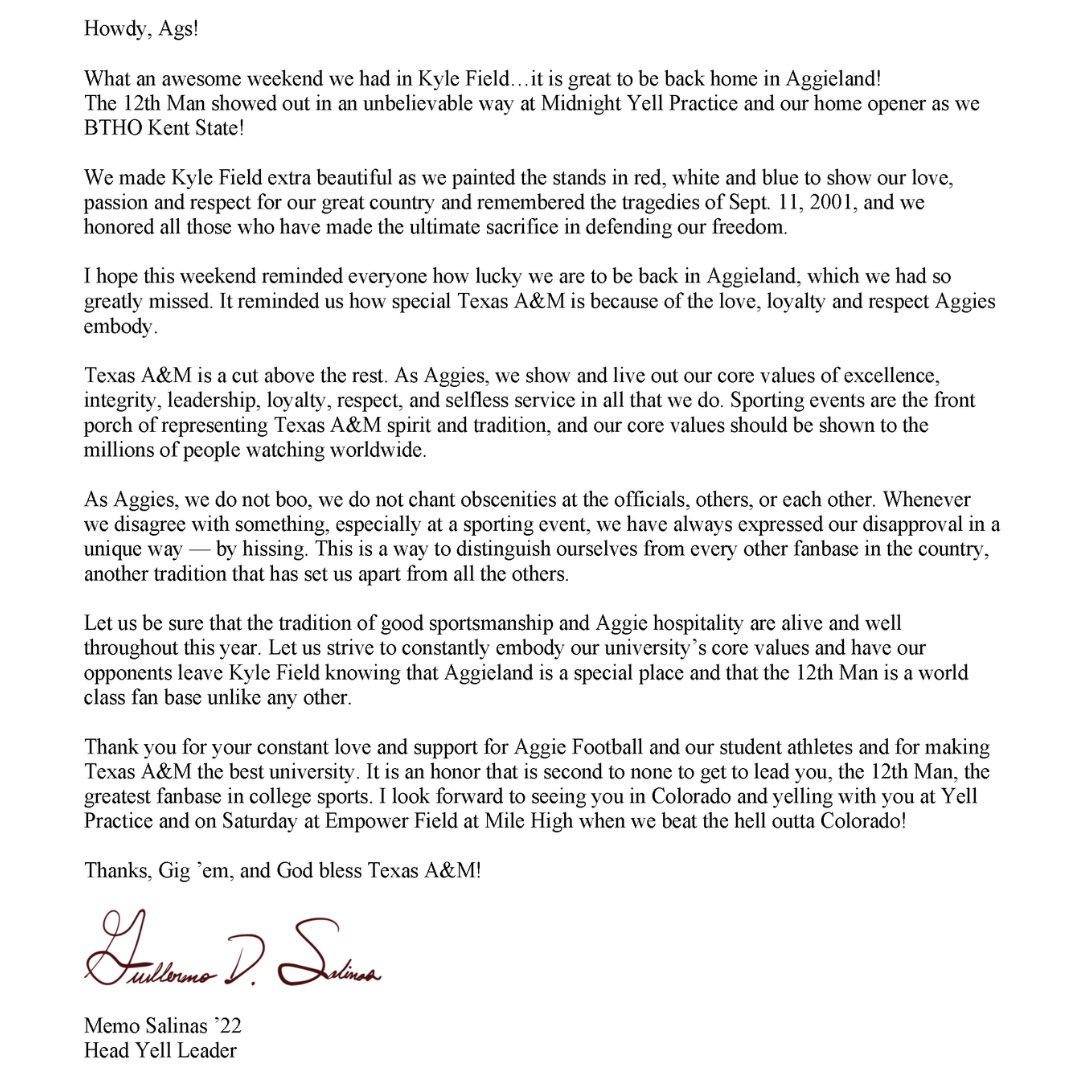 A letter to The 12th Man from Head Yell Leader, Memo Salinas ‘22

Gig’em Ags!

tx.ag/LetterTo12thMan