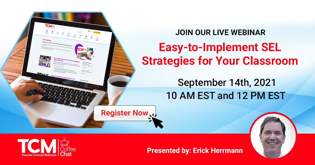 Join SEL expert <a href="/erickjherrmann/">Erick Herrmann</a> to learn easy-to-implement strategies to develop students’ social and emotional learning (SEL) skills for their well-being and academic success.

Register now: 10 AM ET: bit.ly/3zL0uzK or 12 PM ET: bit.ly/3BDW2TX

#TCMunited