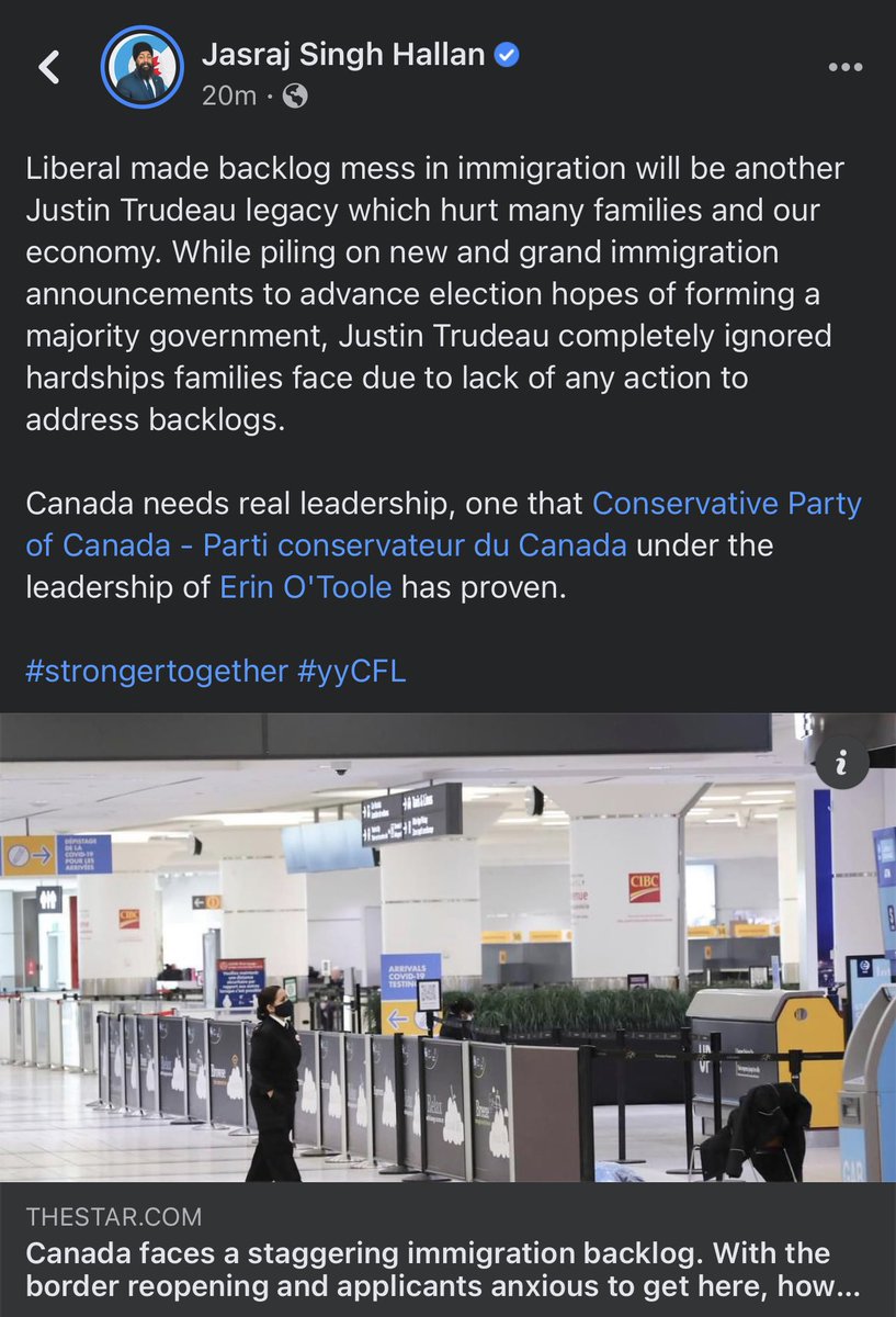 Liberal made backlog immigration mess is another Justin Trudeau legacy which hurt many families and our economy. 

Canada needs real leadership, one that <a href="/CPC_HQ/">Conservative Party</a> under the leadership of <a href="/erinotoole/">Erin O'Toole</a> has proven. 

#strongertogether #yyCFL

thestar.com/news/canada/20…