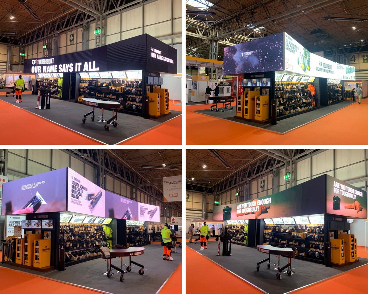 Symbiosis_UK's tweet photo. Truly epic stand for @Toughbuilt at @HandS_Events in @thenec Designed & built by Team Symbiosis not only does it feature 23 lightboxes & loads of product, the real showstopper is the 21.5m @bematrix #Ledskin videowall. Watchout for our timelaspe build video coming soon! https://t.co/OG455Gzyi9