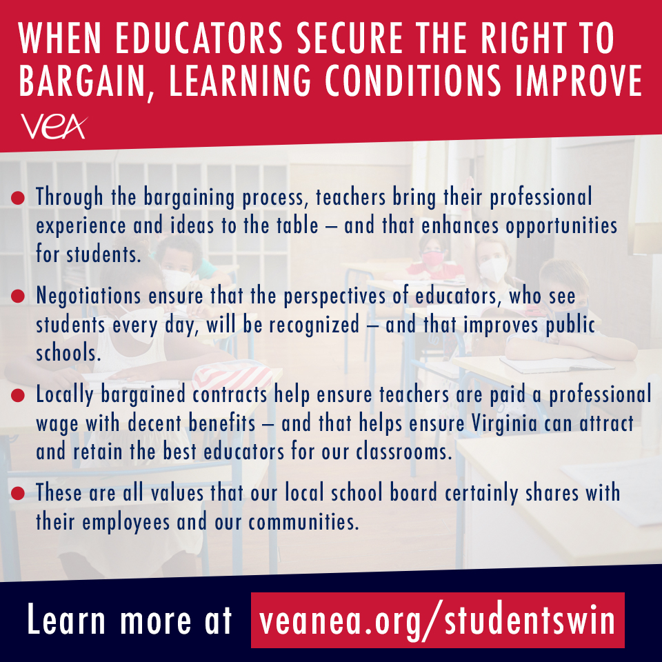 VEA4Kids's tweet image. Here’s something most people don’t know about collective bargaining for educators: When school employees negotiate their contracts, learning conditions improve for students! #Organizing2Bargain 

Learn more at veanea.org/studentswin/