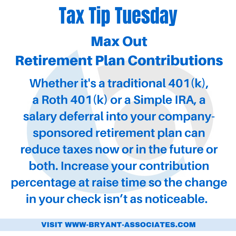 BryantCPA's tweet photo. #tax #taxes #taxtiptuesday #taxplanning #businesstip #CPA #smallbusiness #smallbusinessowner #smallbiz #smallbizowner #entrepreneur #bryantassociates #lnk #accountant #taxpreparer #maxoutretirement #traditional401k #roth401k #simpleIRA #retirementplan https://t.co/0iDyATrAqU