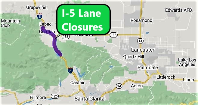 CaltransDist7's tweet image. TRAFFIC ADVISORY: NB I-5 has only 1 or 2 lanes open, starting 11 PM (Monday thru Friday) for pavement work in #Castaic #Lebec #Gorman area thru mid-Oct., when the closures will switch to SB I-5 thru mid-Dec. Schedule is subject to change due to weather. @CaltransDist6