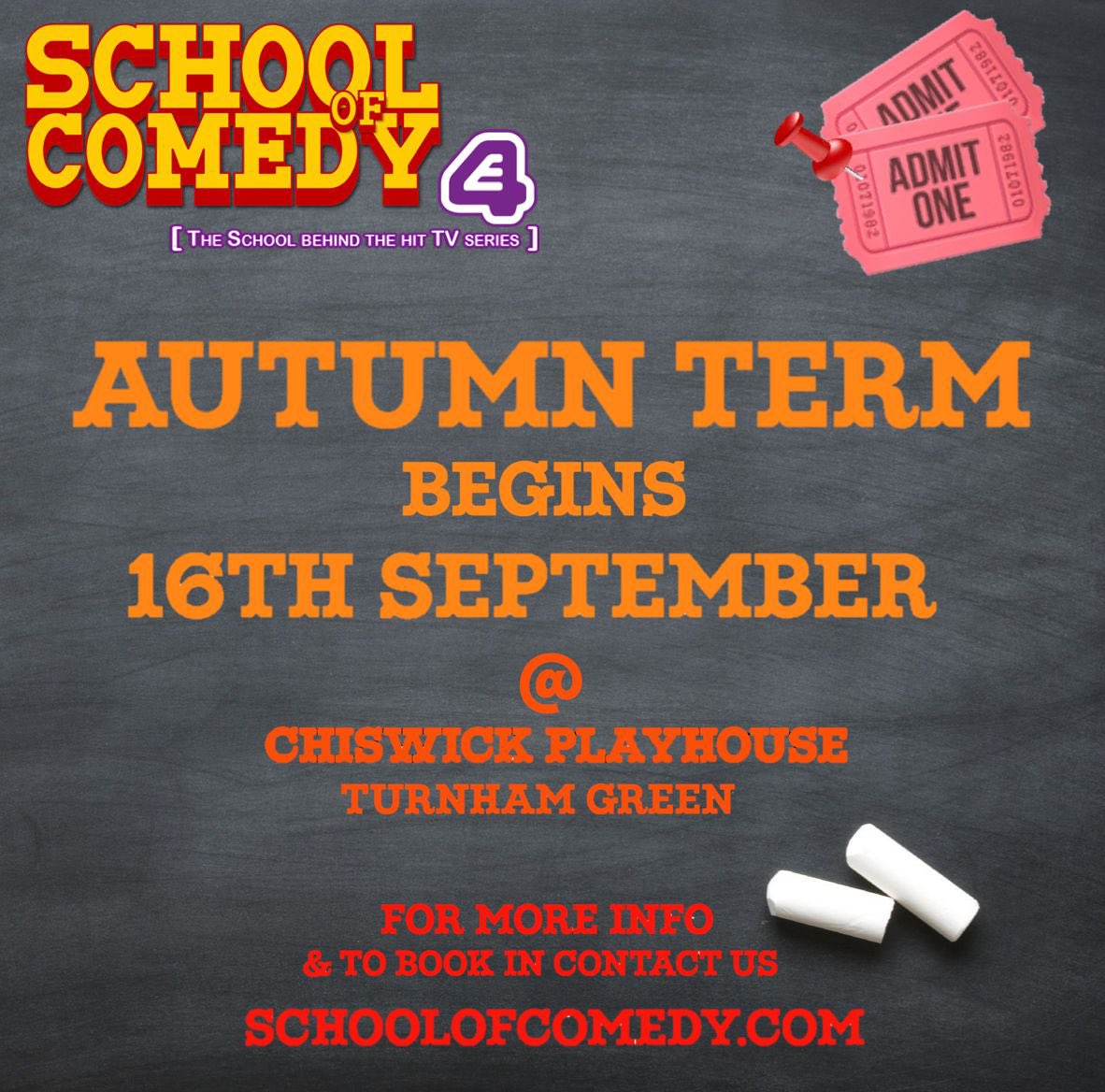 schoolofcomedy1's tweet photo. You heard! We’re BACK! And with an autumnal flair to boot🍂📚🏫
Come and join the fun @ChiswickPlay from Thursday 16th September.
See website for prices and info, and don’t hesitate to get in touch with any questions!

#SchoolOfComedy #ComedyWorkshop #AutumnTerm #SketchComedy https://t.co/V0EVUnenyt
