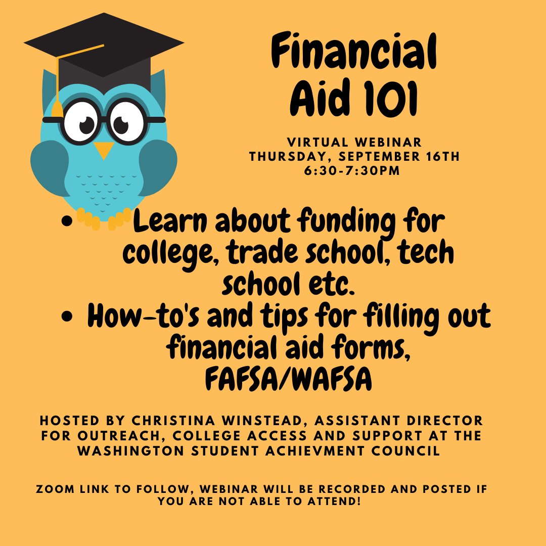 Save the date!  Financial Aid 101 is coming soon! 

#fundingyourfuture # howtosandtips #fafsa #wafsa