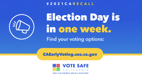msa8wolves's tweet photo. Election Day for the #2021CARecall is in *one week*. If you have your vote-by-mail ballot, you can return it in the mail, at an official drop box or in-person at a voting location. Find your voting options: https://t.co/E4pJcBNnL7 #VoteSafeCA https://t.co/fDVZ2lHCgj