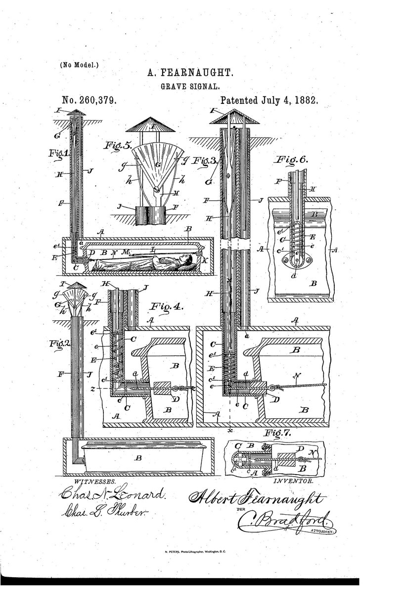ChewytheSeal's tweet image. GRAVE SIGNAL - US260379A
Inventor - Albert Fearnaught
Granted in 1882

#TeamSeal #practicalpatent

@ExplodingPossum @JillLum1 @Pixieprogrammer @gypsea1997 @BrazilBonny @chirpykittys @fred7722 @SilentHeadbang1