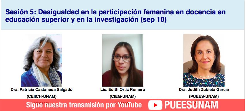 PUEESUNAM's tweet photo. #XVcursoPUEES #GéneroyEducaciónSuperior 
#EnVivo #YouTube https://t.co/du7kQckuGl 
Desigualdad en la participación femenina en docencia en #educaciónsuperior y en investigación
Dra. Patricia Castañeda @ceiich_unam 
Lic. Edith Ortiz @CIEGUNAM 
Dra. Judith Zubieta @PUEESUNAM https://t.co/aSnZ38wJz2