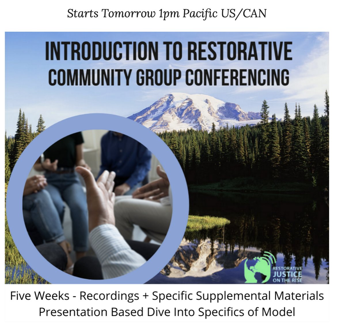 Intro to Restorative Community Group Conferencing 
Starts September 8th!

Reducing Recidivism, Humanizing Justice, Opening the Field of Context For All Impacted. Learn the Basics of Restorative Community Group Conferencing. 5 Weekly Sessions.
Register now! events.r20.constantcontact.com/register/event…