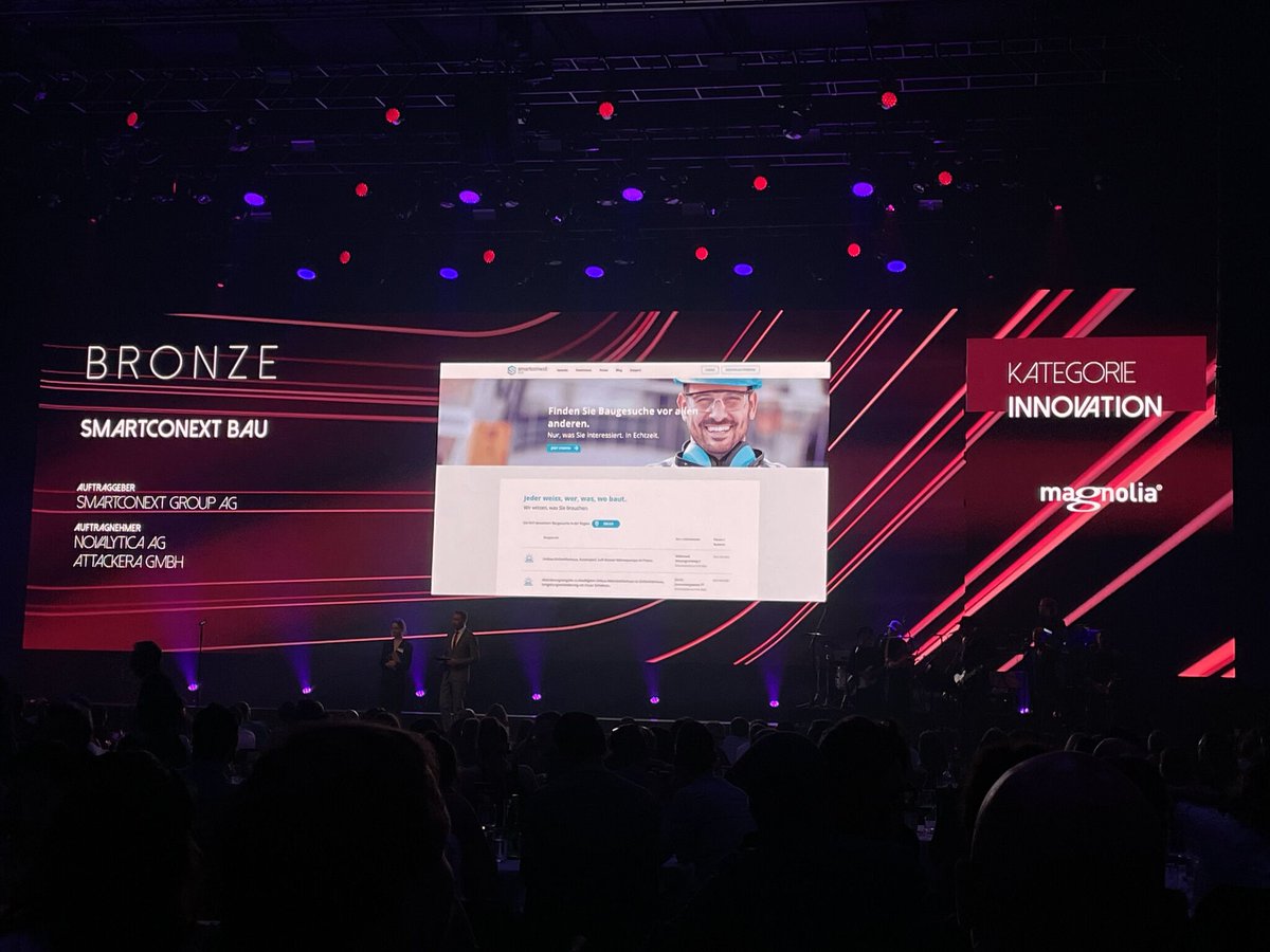 Novalytica's tweet photo. Ein freudiger Abend am #BestofSwissWeb Award! Bronze in der Kategorie Innovation gemeinsam mit unserem Kunden @smartconext und Attackera GmbH. https://t.co/JuuwbVm8AO
