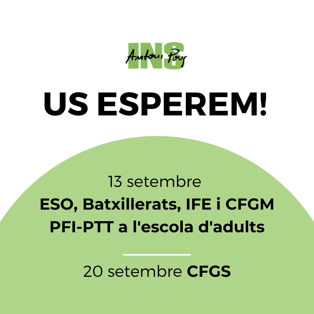 INSAntoniPous's tweet photo. Us esperem el dia 13 (ESO, BAT, IFE i CFGM) a l'
@INSAntoniPous  i PFI-PTT ens trobarem a l'escola d'adults. El dia 20 CFGS.
Trobareu les instruccions per l'inici de curs ESO, batxillerat i cicles a la web. https://t.co/FXrURwUH08