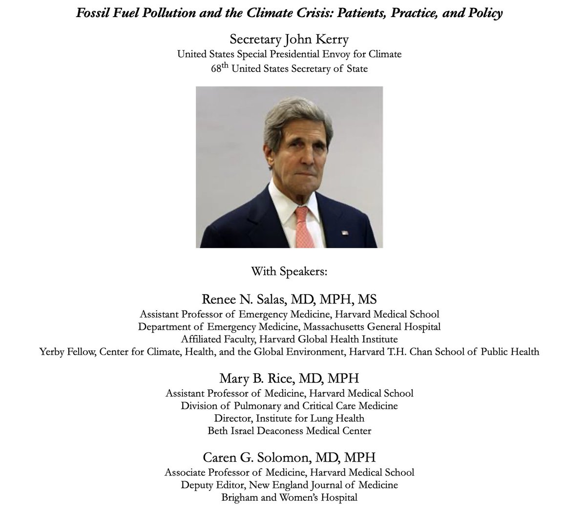 ReneeNSalas_MD's tweet image. Join us on Thurs, Sept 9 from 8-9 AM EST for a special @harvardmed Medical Grand Rounds

Fossil Fuel Pollution and the Climate Crisis: Patients, Practice, and Policy

With U.S. @ClimateEnvoy Secretary John Kerry

No registration needed. Livestream here:
healthcare.partners.org/streaming/Live…