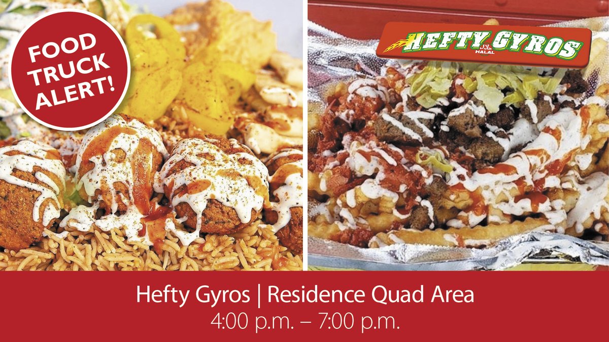 sacstatedining's tweet image. Looking for a little something ‘hefty’ today? Look no further! Hefty Gyros is visiting campus today from 4:00 – 7:00 p.m. in the residence quad area. Load up on a Gyro plate, falafel, or some Hefty Fries. You won’t be disappointed.