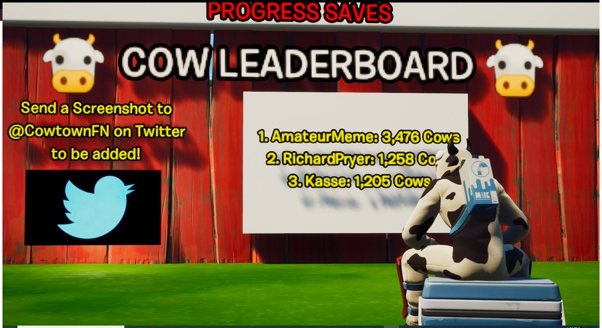 CowtownFN's tweet photo. Season 1 of @CowtownFN ends today!

Congrats to @esp_dms on holding the #1 spot for BOTH ZOMBIE ELIMINATIONS and COWS SAVED! 

He is Cowtown's first Savior 🐄 https://t.co/tqsDZKUaEm