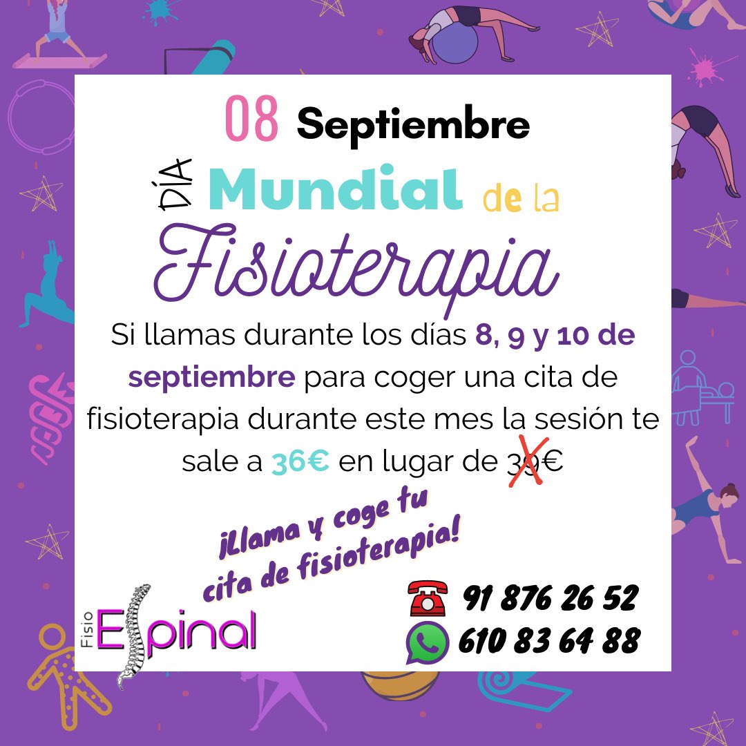 fisioespinal's tweet photo. Hoy día 8 de Septiembre es el #diamundialdelafisioterapia Y queremos celebrarlo🥳 contigo con un descuento muy especial.
Por eso, si durante los días 8, 9 y 10 de septiembre reservas una cita de fisioterapia y la realizas durante este mes tendrás un descuento de 3€!
¡Reserva ya! https://t.co/diIBTwbms5
