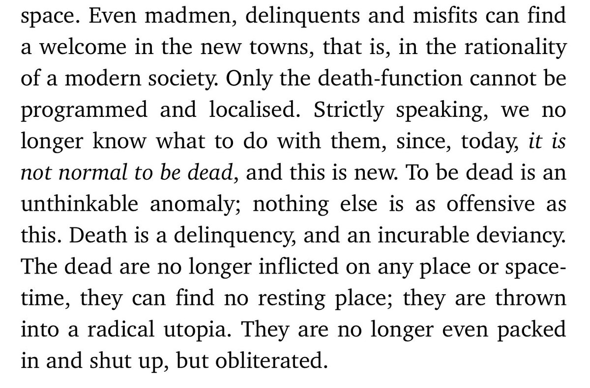 Even more true in the Covid era. From Baudrillard’s Symbolic Exchange &amp; Death.