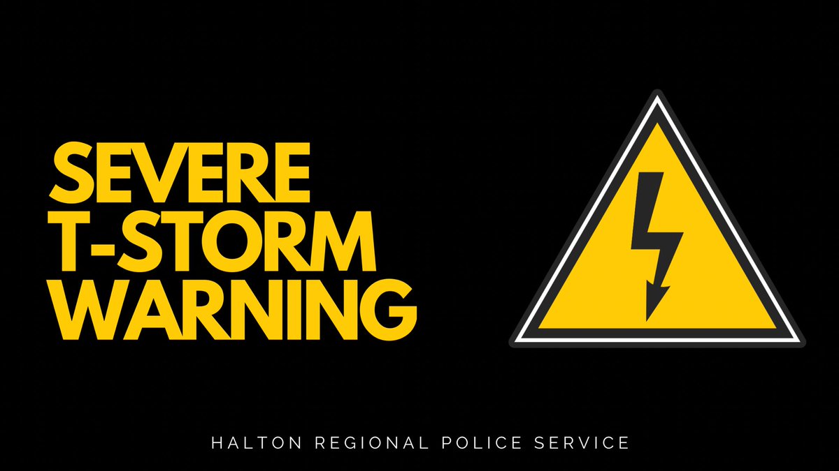 HaltonPolice's tweet photo. Heads up, Halton.

A line of severe thunderstorms is moving through the region that is capable of producing very strong wind gusts up to 100 km/hr, heavy rain and toonie-size hail. 

Watch for flash flooding, water pooling on roads and downed branches. https://t.co/4HX1SjeMQ6