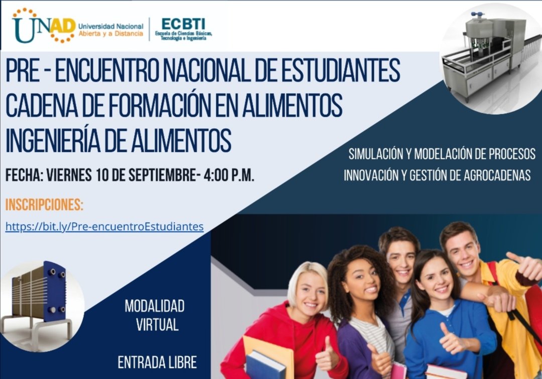 Te invitamos al evento de El pre encuentro de estudiantes de ingeniería de alimentos. Dia 10 de septiembre. Hora 4 pm - 8 pm. Link de preinscricion:bit.ly/Pre-encuentroE… Te esperamos🤓👨‍🔬👩‍🔬 <a href="/UniversidadUNAD/">Universidad UNAD</a>
<a href="/ClaudioCamiloG1/">Claudio Camilo Gonzá</a>
<a href="/IngClaraS/">Clara Sanchez</a>
<a href="/PasswordAlimen2/">PasswordAlimentos</a> <a href="/lauramreyes1/">lauramreyes</a> <a href="/IngYuneidys/">Ing. YUNEIDYS OÑATE</a>