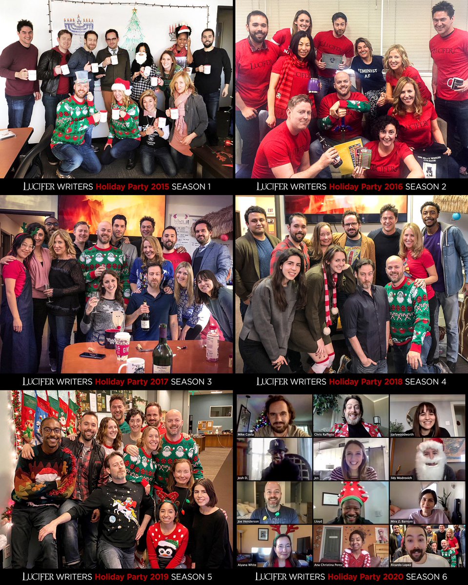 As we approach #Lucifer's final season, here's a look back at the writers (and some visiting actor 😉) who brought you these stories & characters over the years... #LuciferWritersRoom #annualholidayparties #flashback @lucifernetflix