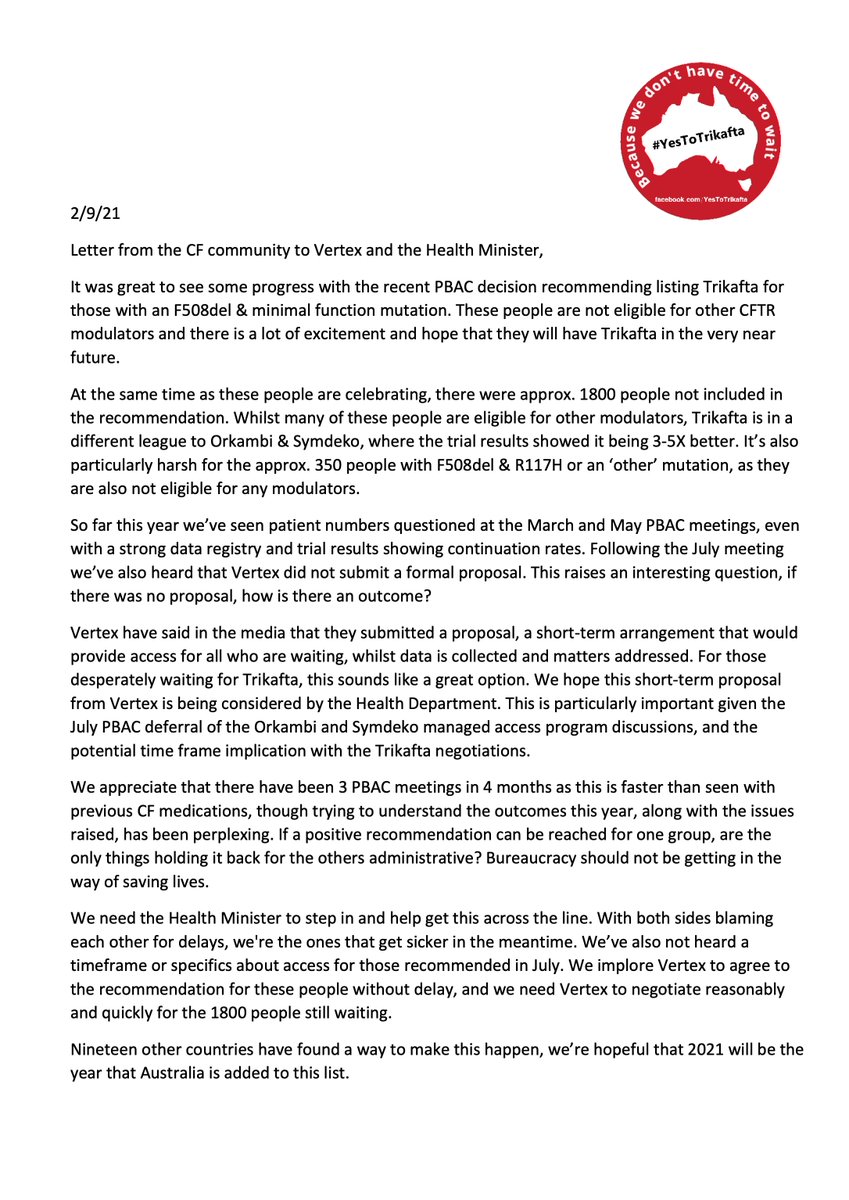 At the July meeting there was progress with the PBAC agreeing to 20% of those waiting, but heartbreak for majority waiting in Australia. Here's the letter from our campaign #YesToTrikafta #CFCantWait