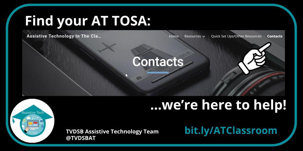 TVDSBAT's tweet image. Welcome back @TVDSB
Your Assistive Tech TOSA Team is thrilled to be back providing support for students and educators. Check our Contacts page to see which TOSA supports your school. bit.ly/ATClassroom
@SpecialEd_TVDSB @RAndrewCanham #GoodForAllTech