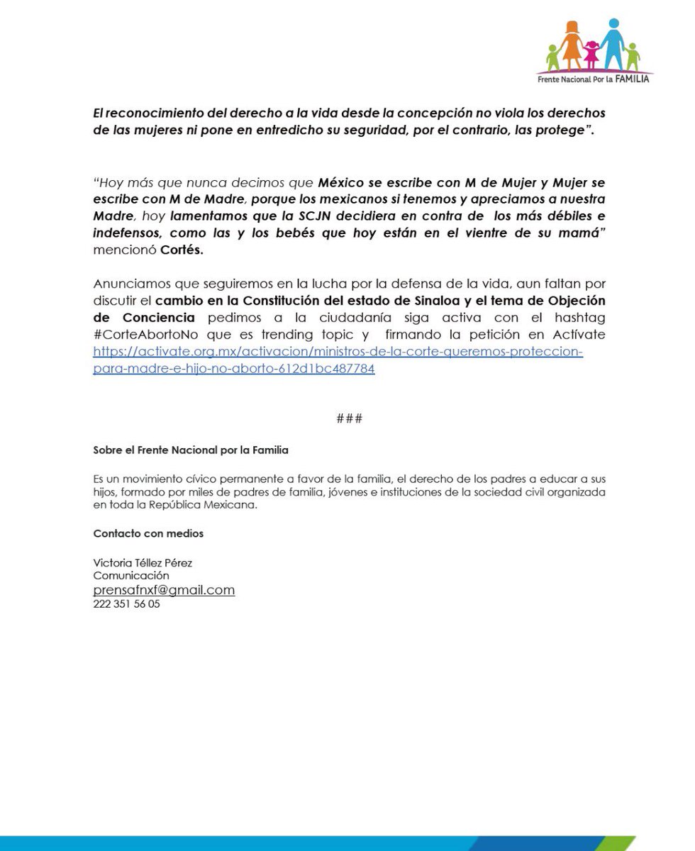 FNF_Hidalgo's tweet photo. ¡LAMENTABLE! La @SCJN invalidó algunos artículos del Código Penal que protegían la vida desde su inicio en el Estado de Coahuila. #CorteAbortoNo
#MexicoSeEscribeConMdeMujer 
#MexicoEsProvida 

@lopezobrador_
@ArturoZaldivarL
@MargRiosFarjat
@YasminEsquivel_ https://t.co/93rJwgIgX6