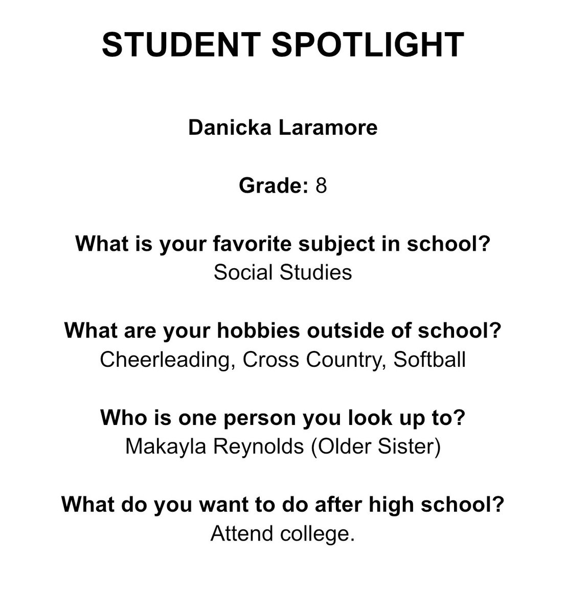 Junior High Student Spotlight- Meet Danicka Laramore
