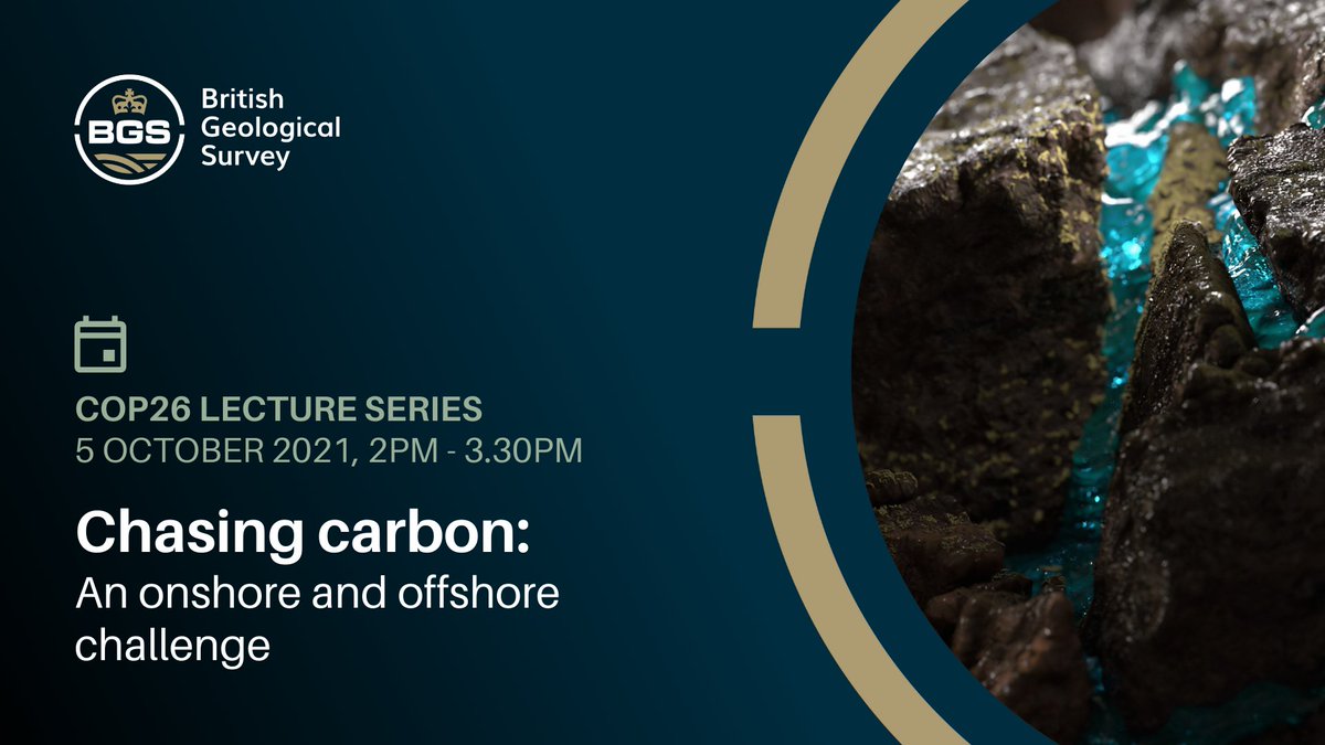 A navy blue graphic card, which has an image of an artist's impression of water moving through core underneath Glasgow, encased in a BGS roundel in gold. To the left of the card you can see the BGS logo in gold and white and the title of the lecture (Chasing Carbon: an onshore and offshore challenge), as well as the date and time, October 5th at 2PM.