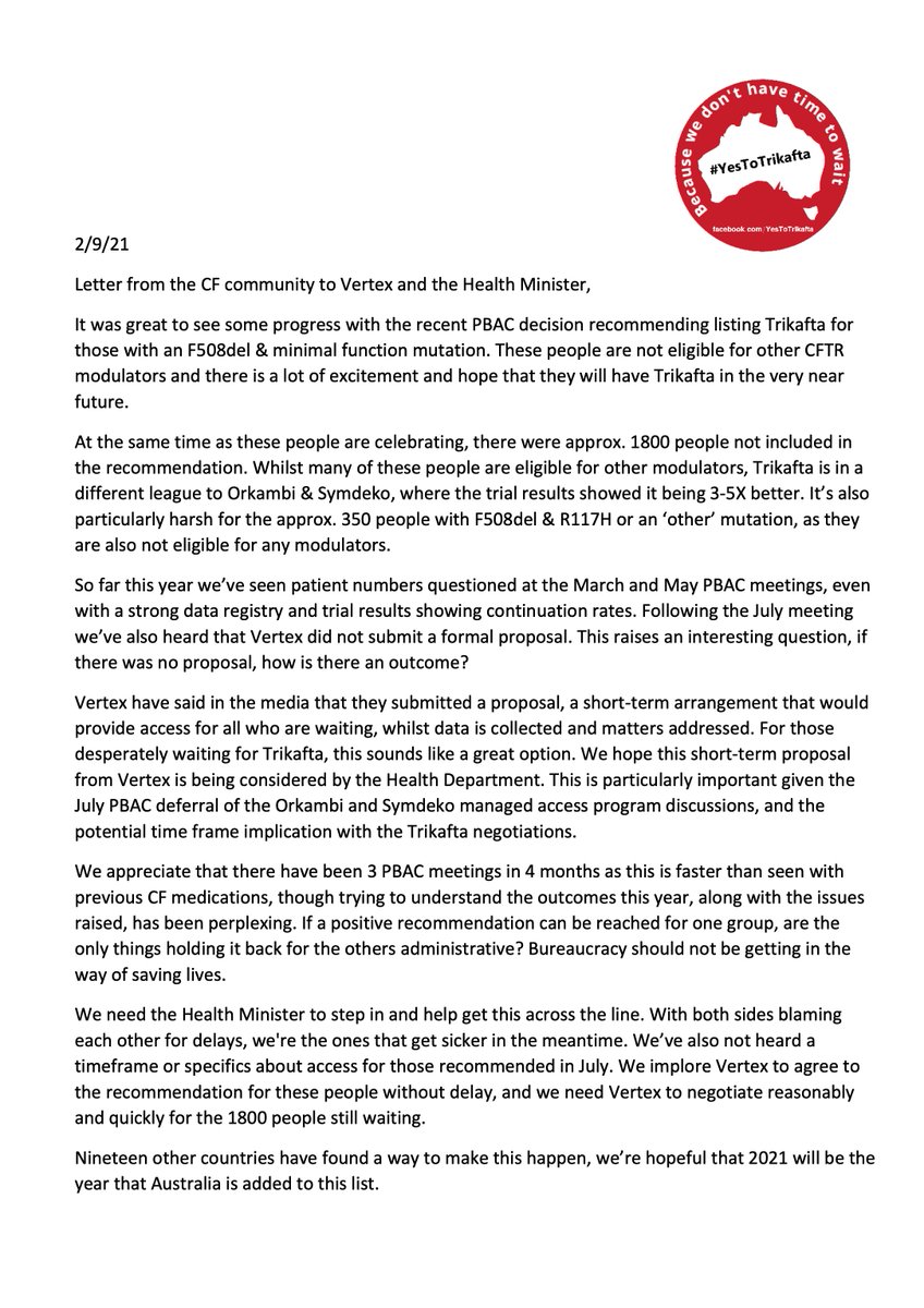 We're calling on <a href="/VertexPharma/">Vertex Pharmaceuticals</a> to agree to the recommendation for the 20% without delay &amp; to work quickly with the PBAC to find a solution for access for everyone #AccessNowSavesLives #YesToTrikafta