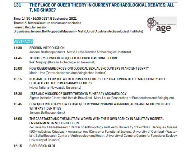 uroshmatic's tweet photo. Join us tomorrow at the @age_eaa @archaeologyEAA session #S131 on queer theory and current archaeological debates. We tackle directions of q.arch, sex and ontology, provincialization of sex in Roman empire, mortuary arch, warrior women and minorities in the archaeological record https://t.co/yUJs3DVwCp