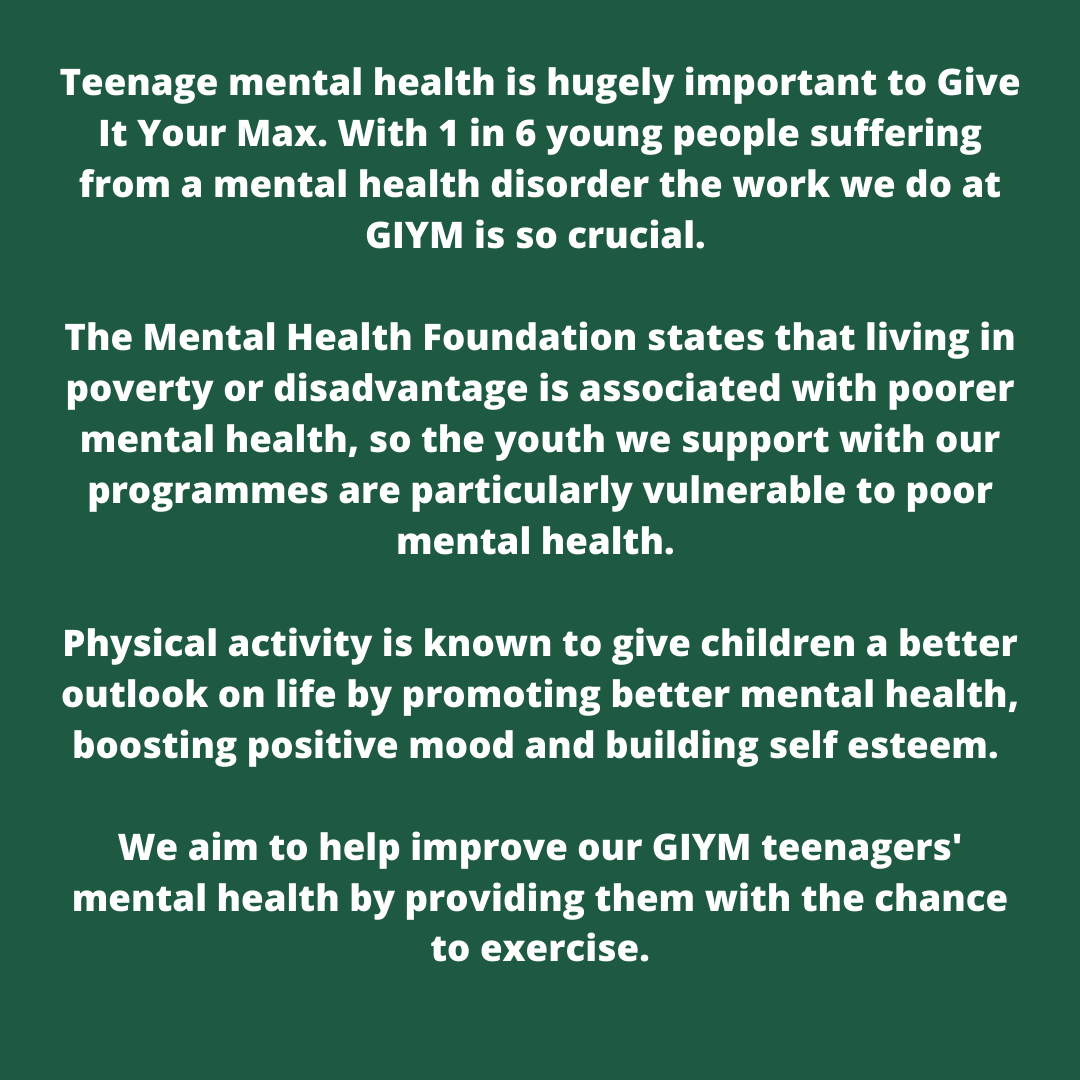 It’s Youth Mental Health Day 2021. A huge part of our aim as a charity is to improve the mental health as well as the physical health of vulnerable children.
#giveityourmax #youthmentalhealth #teenagementalhealth #mentalhealth #mentalhealthawareness #mentalhealthmatters