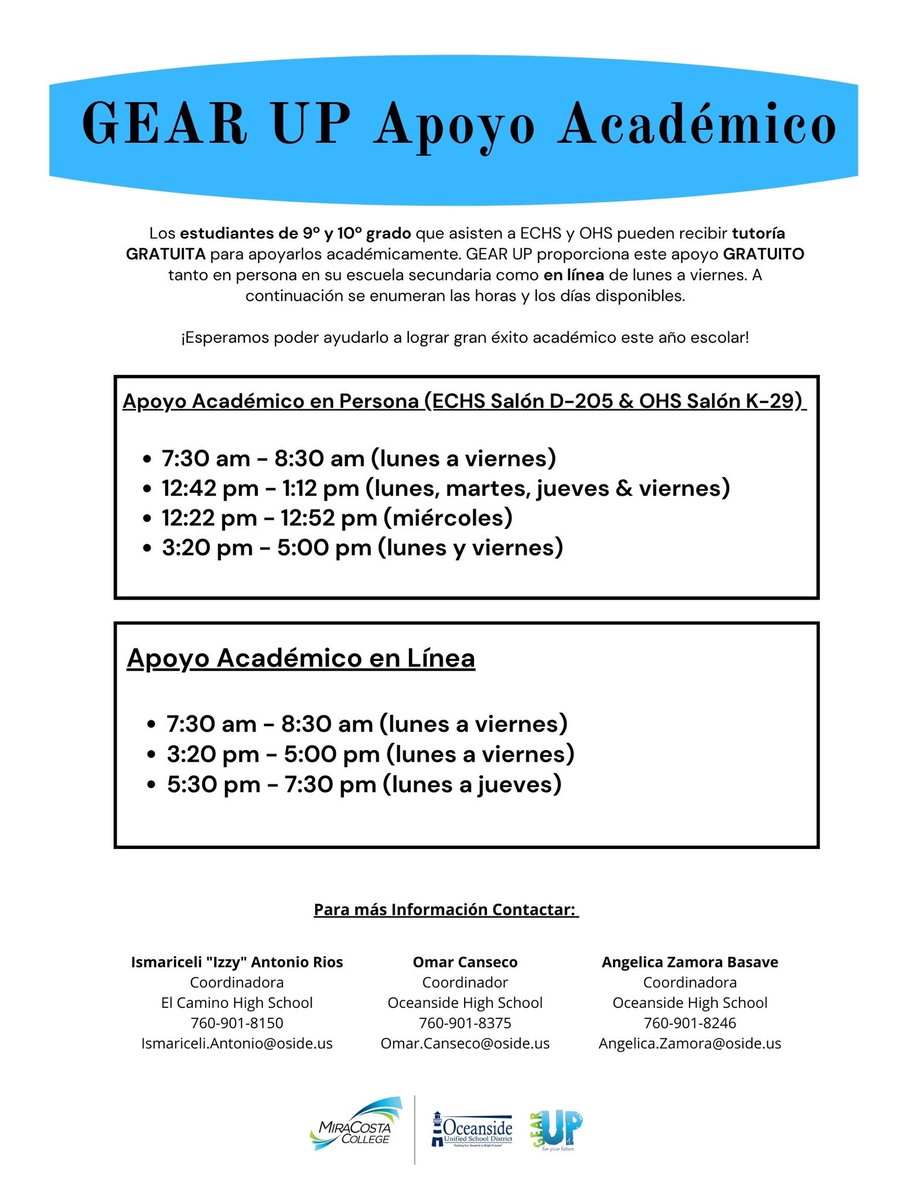Hey GEARUP students and parents. Check put our new academic support info at El Camino &amp; Oceanside High Schools for our 9th &amp; 10th GEAR UP Students! 🎓📚🎒 #GearUpForSchool #gearupworks #miracostacollege