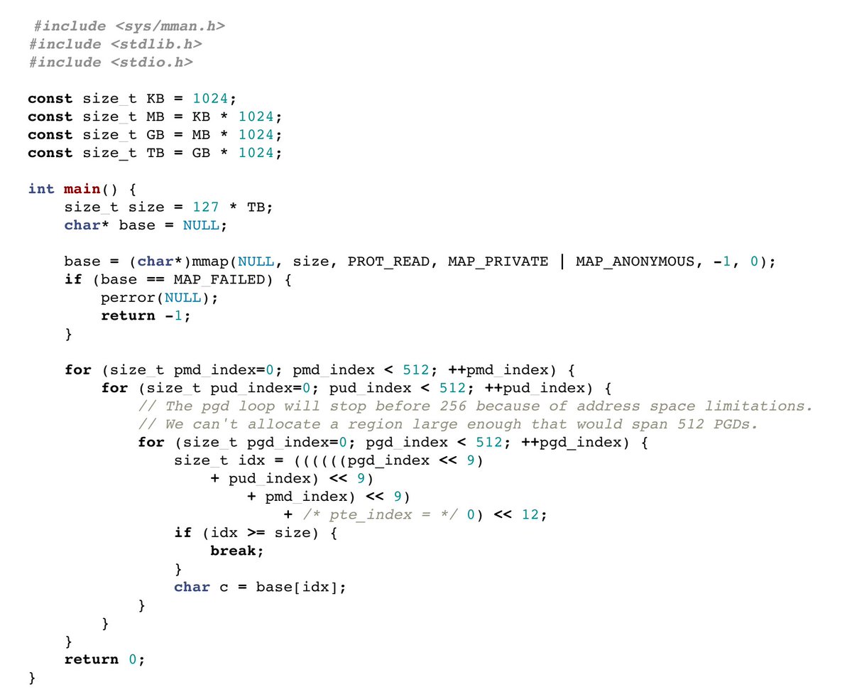 offlinemark's tweet photo. If you like kernel deep dives, you'll like this. @vic_mic_ did a followup for my demand paging piece, with a performance focus, covering a LOT that I missed.

My favorite part: the clever page-table fu that triggers pathological kernel allocation behavior via a top-down scan. 🥋 https://t.co/fBxIGljI9Y