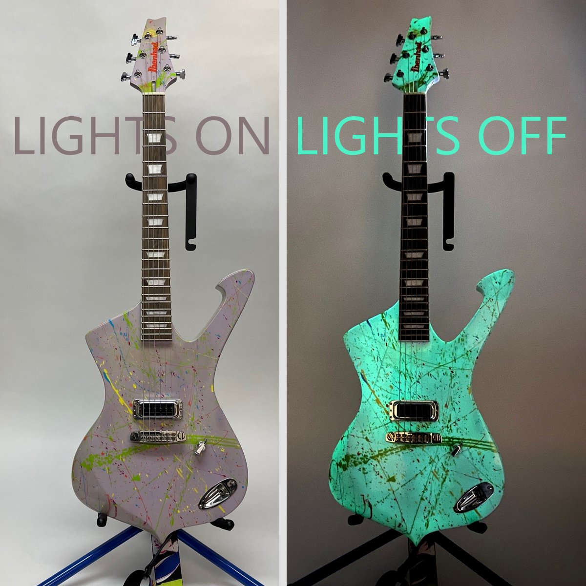 Check out this creation from our luthier, Jesse. Yes, it glows and has a Jackson Pollock inspired paint job.
