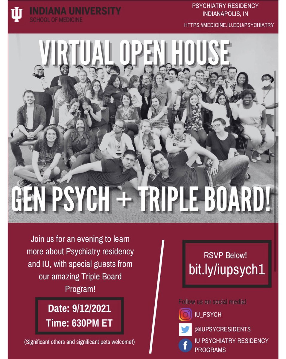 Didn’t we just have an open house?

Yes! And it’s time for round 2, but with our triple board pals!

For anyone who missed us last time (or didn’t and just wants to hang out again ✌🏼), sign up today! 👇👇

Bit.ly/iupsych1 🎉🎉🎉

#psychtwitter #Match2022