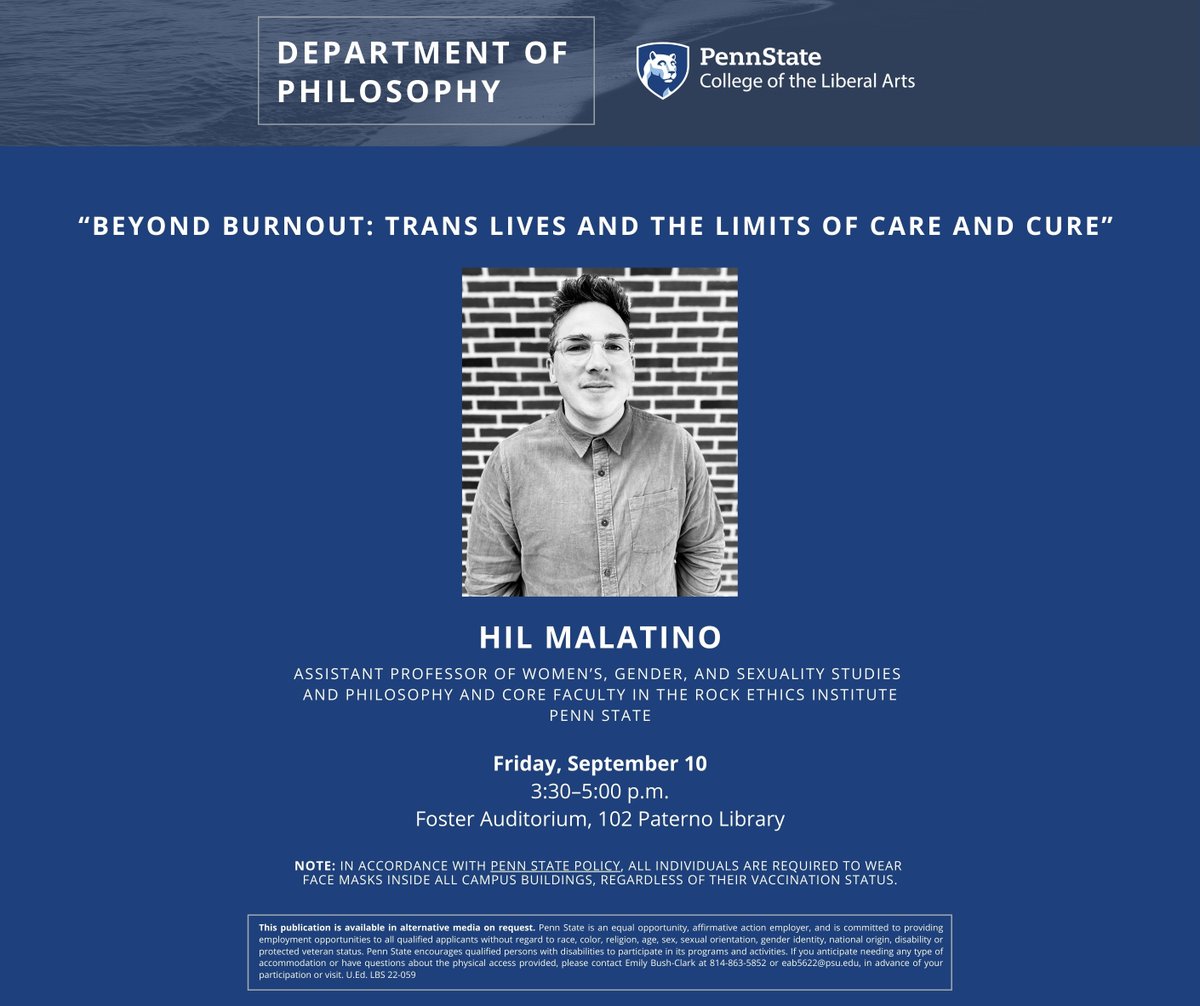 PHILatPSU's tweet photo. The Department of Philosophy will host Dr. Hil Malatino this Friday, September 10, for the Fall 2021 Philosophy Colloquium series. https://t.co/PtLvyuv0oN