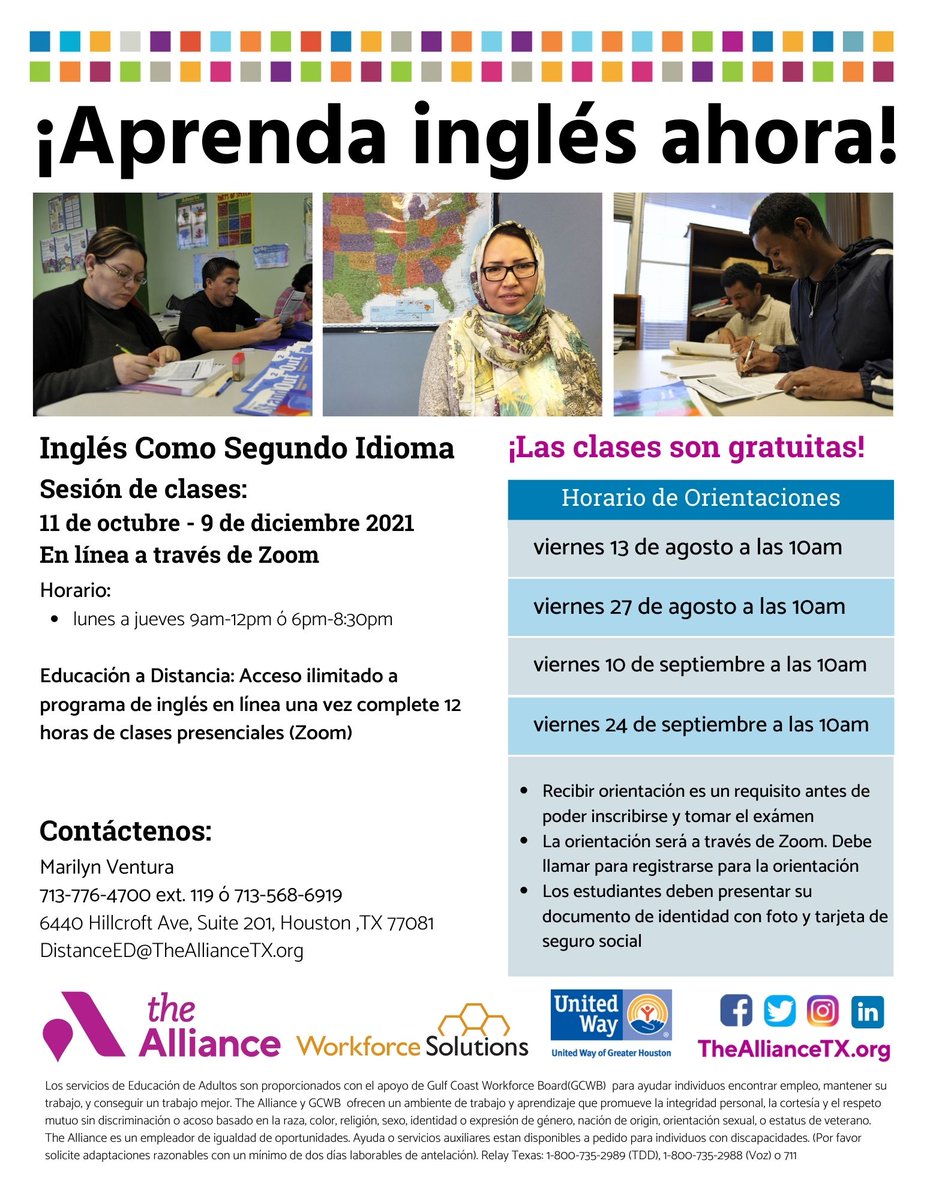 ¡Aprenda #inglés ahora! La orientación es el viernes 10 de septiembre a las 10 am. Contáctenos hoy para registrarse: 713-776-4700 x162 o 713-568-6919 y DistanceEd@thealliancetx.org. #esl #classes #opportunityforall
