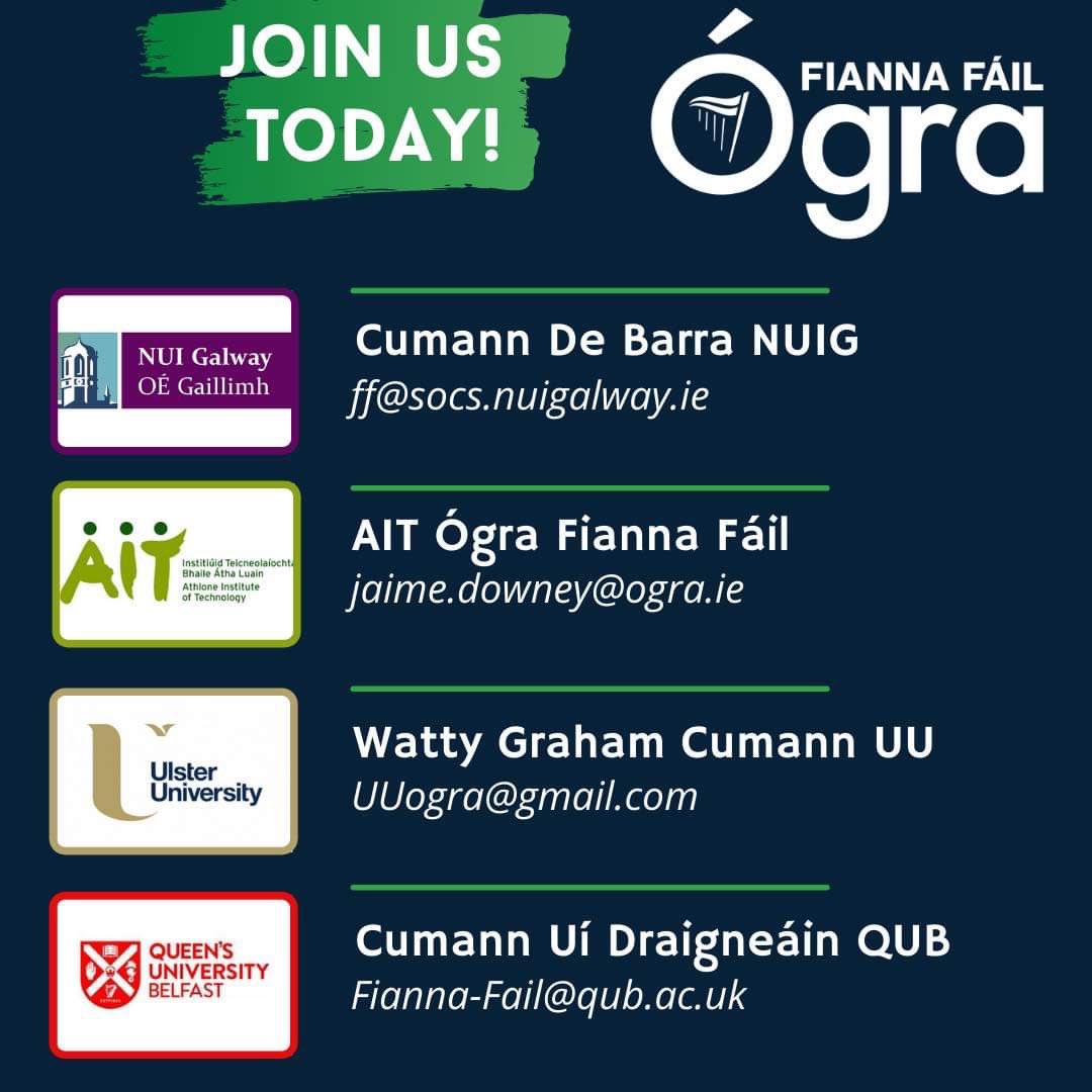 📚Congratulations to everyone who received CAO offers today!📚

One of the most fun things you can do in college is join a society!

No matter where you go, we have an Ógra Fianna Fáil cumann on campus for you! 

If you want to join, check out their contact details below👇
