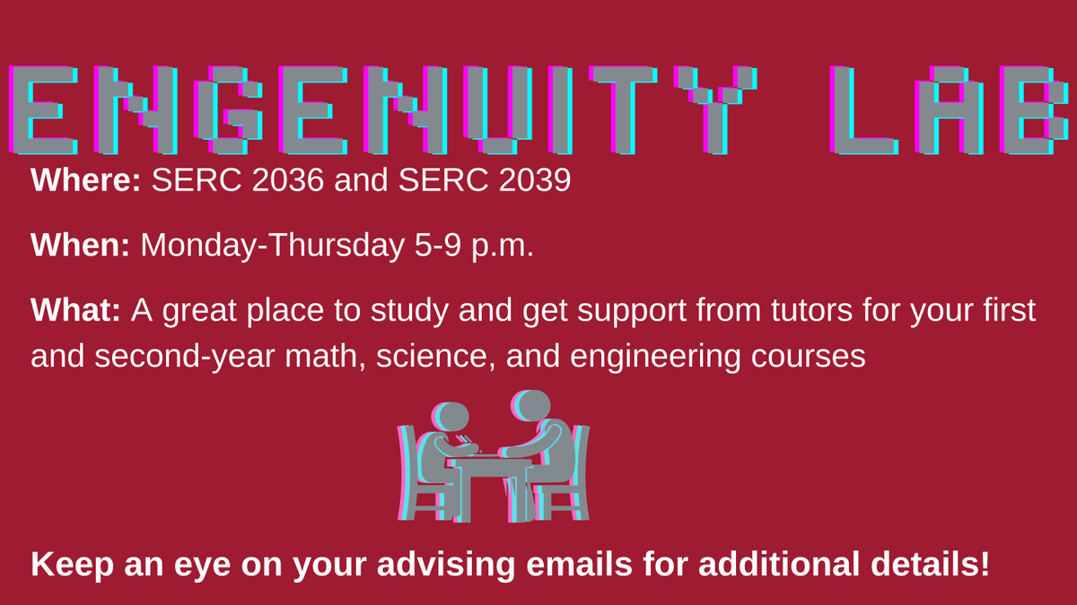 The ENGenuity Lab is the hub for tutoring, mentoring and career preparation and is open to all students in the #UA College of Engineering. Located in SERC 2036 and 2039, the lab is open from 5-9 p.m. Monday-Thursday. #RollTide Learn more ➡ bit.ly/3mYel2d