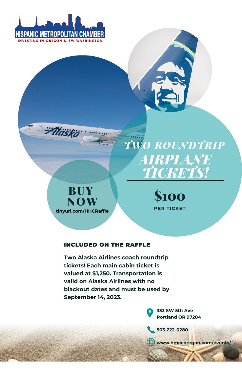 During our 27th Hispanic Heritage Celebration, we will select one lucky winner from our raffle drawing for two Alaska Airlines coach roundtrip tickets!
You can buy your tickets here: 
tinyurl.com/HHCRaffle