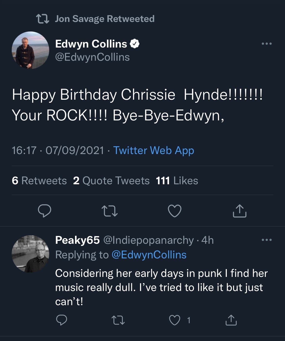 Edwyn Collins: happy birthday to Chrissie Hynde! You ROCK!!!

Man on internet: 