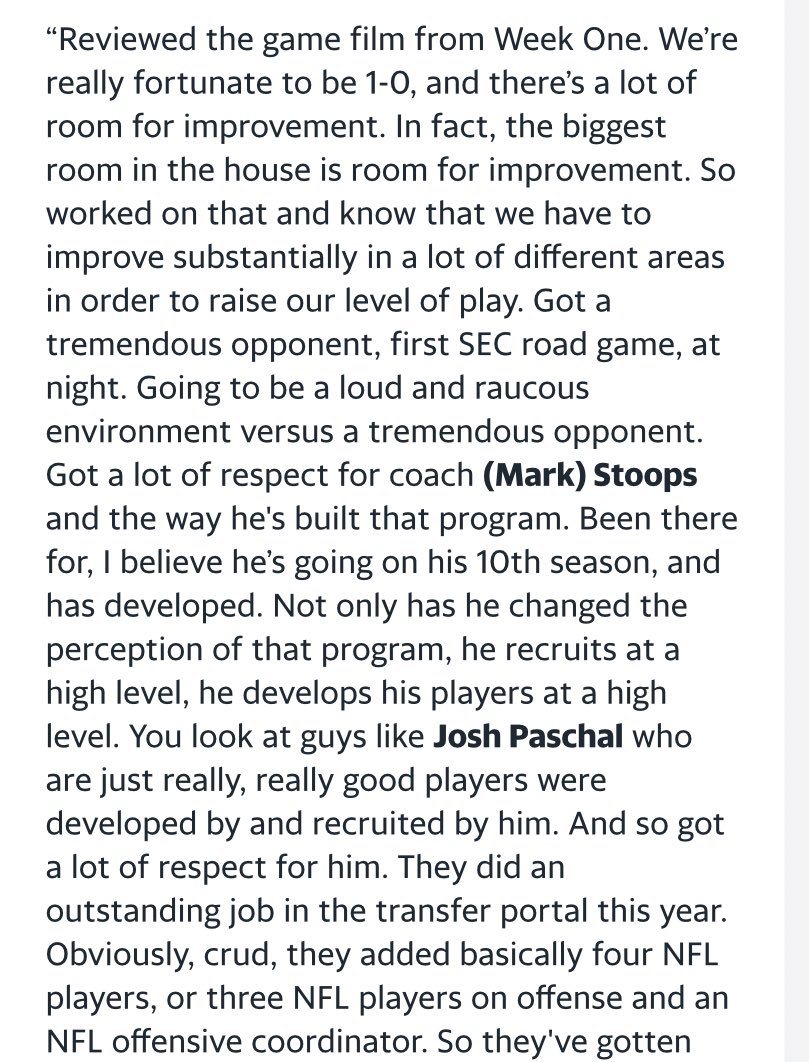 WildcatHub's tweet photo. Missouri HC Eli Drinkwitz gave a ton praise to Kentucky during his opening statement ahead of this Saturday’s matchup. 

On Stoops: “Not only has he changed the perception of that program, he recruits at a high, he develops at a high level.” #BBN https://t.co/7SXyrCqnH6