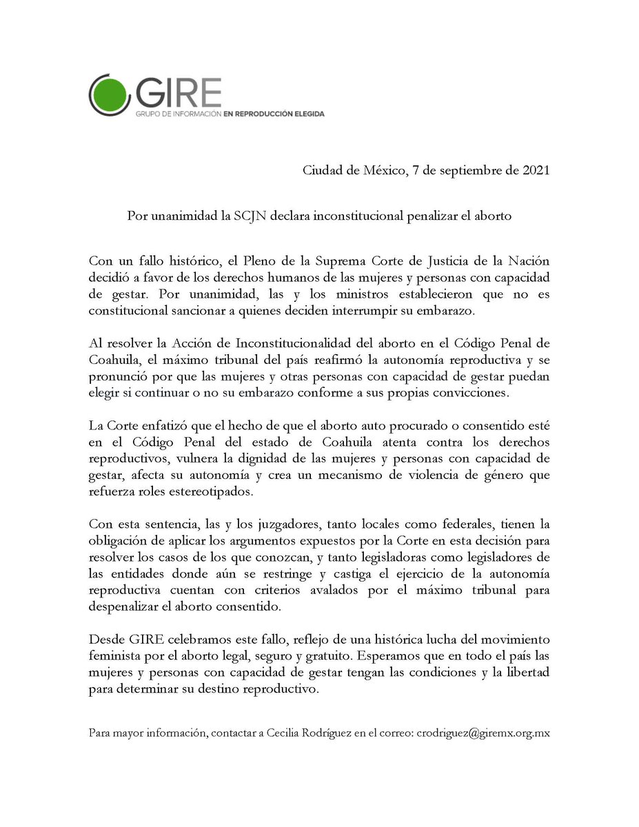 GIRE_mx's tweet photo. El fallo de la @SCJN es reflejo de una histórica lucha del movimiento feminista por el aborto legal, seguro y gratuito. Esperamos que en todo el país las mujeres y personas con capacidad de gestar tengan las condiciones y la libertad para determinar su destino reproductivo. https://t.co/2x0Cef2pB8