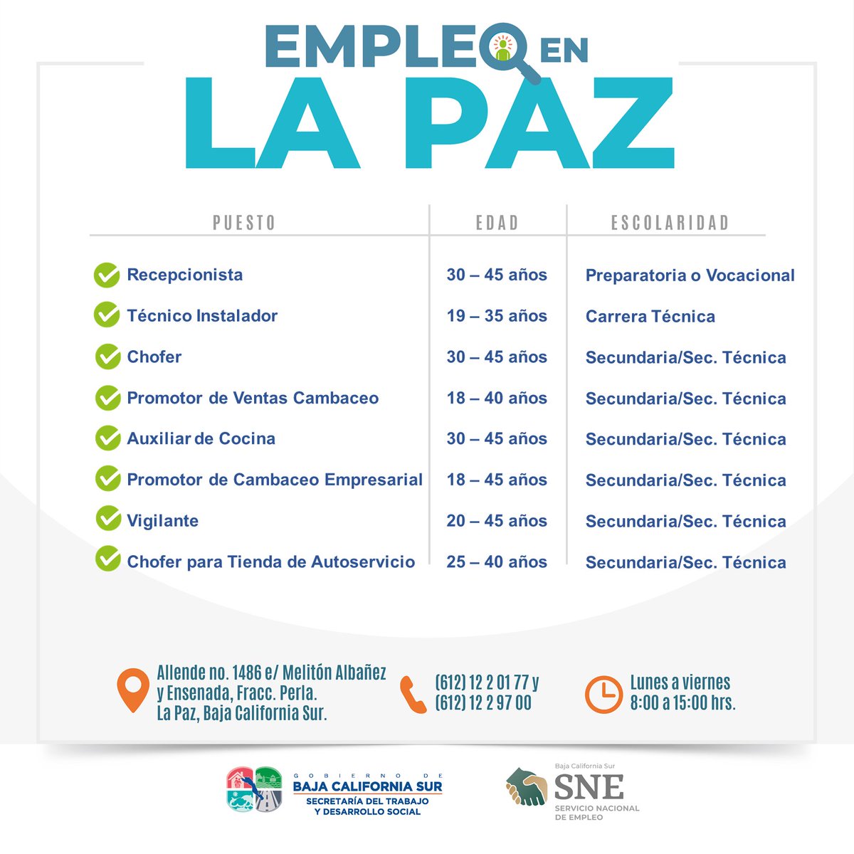 STDS_BCS's tweet photo. Buscadores de Empleo de #LaPaz  tenemos un empleo formal disponible para ti. Si estas interesad@ en una vacante comunícate a los teléfonos que aparecen en cada publicación. 
#MejorFuturo @STDS_BCS  @SNE_BCS  #SNEparaTodos @TOMASFLORESG https://t.co/gcCrTBMAHQ
